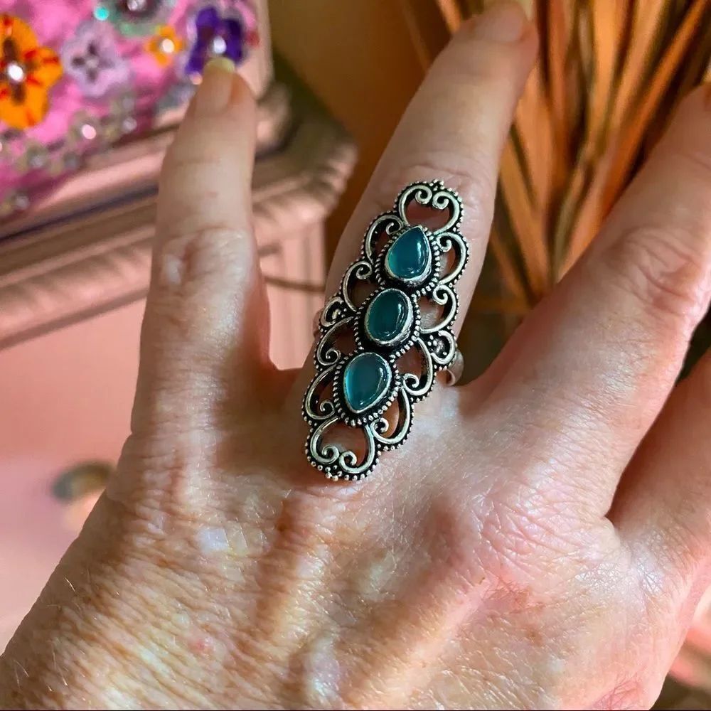 Green Onyx Boho Sterling Silver Gemstone Ring Size 9.5